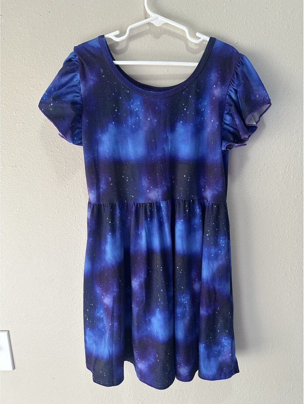 Girls Galaxy Space Print Dress Size 7-8 Blue Purple Flutter Sleeve Skater